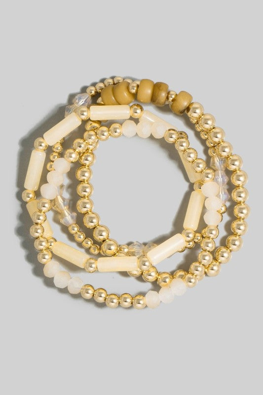 Mixed Tube & Ball Bead Bracelet Set-Natural