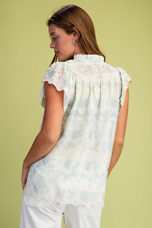 Watercolor Embroidered Scallop Hem Top-Sky