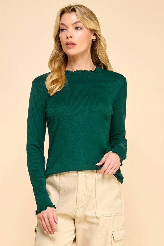 Skinny Rib Knit Ruffle Edge Long Sleeve Top