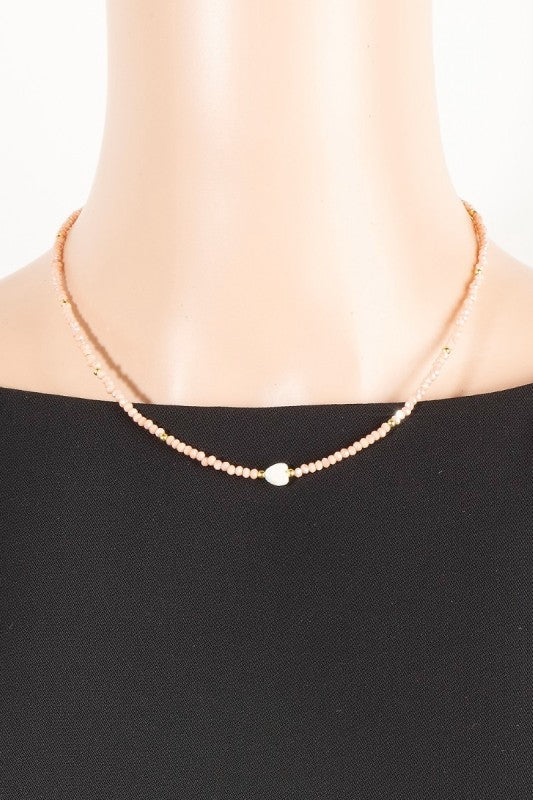 Pink Seed Bead Pearlized Sideways Heart Necklace