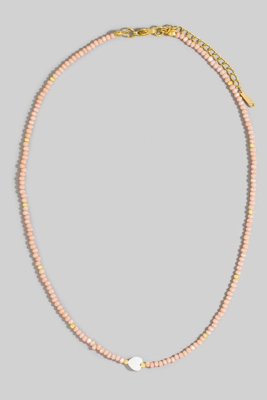 Pink Seed Bead Pearlized Sideways Heart Necklace