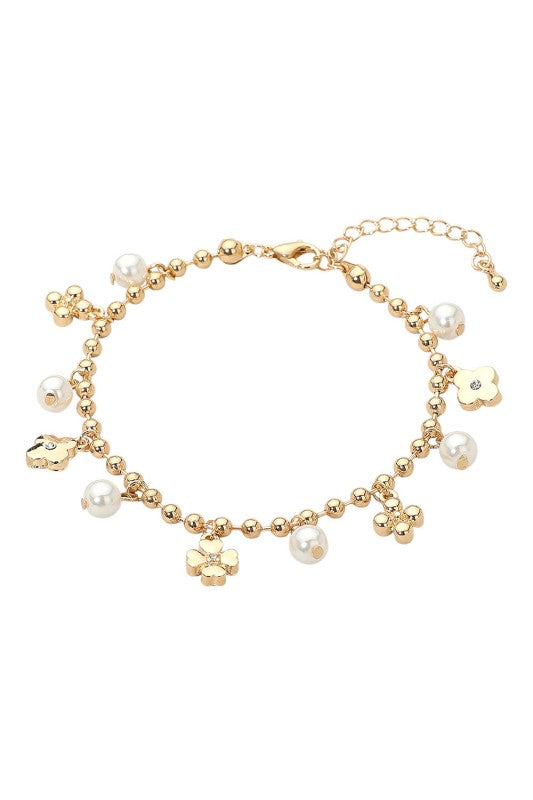 Ball Bead Pearl & Flower Charms Bracelet