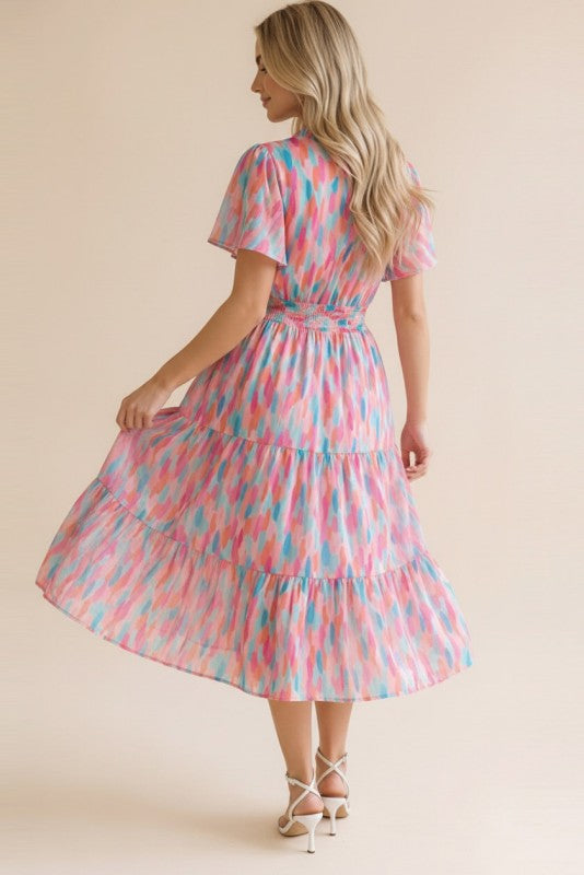 Watercolor Dots Notch Neck Tiered Midi Dress