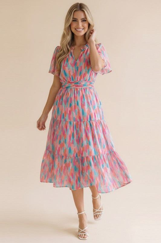Watercolor Dots Notch Neck Tiered Midi Dress