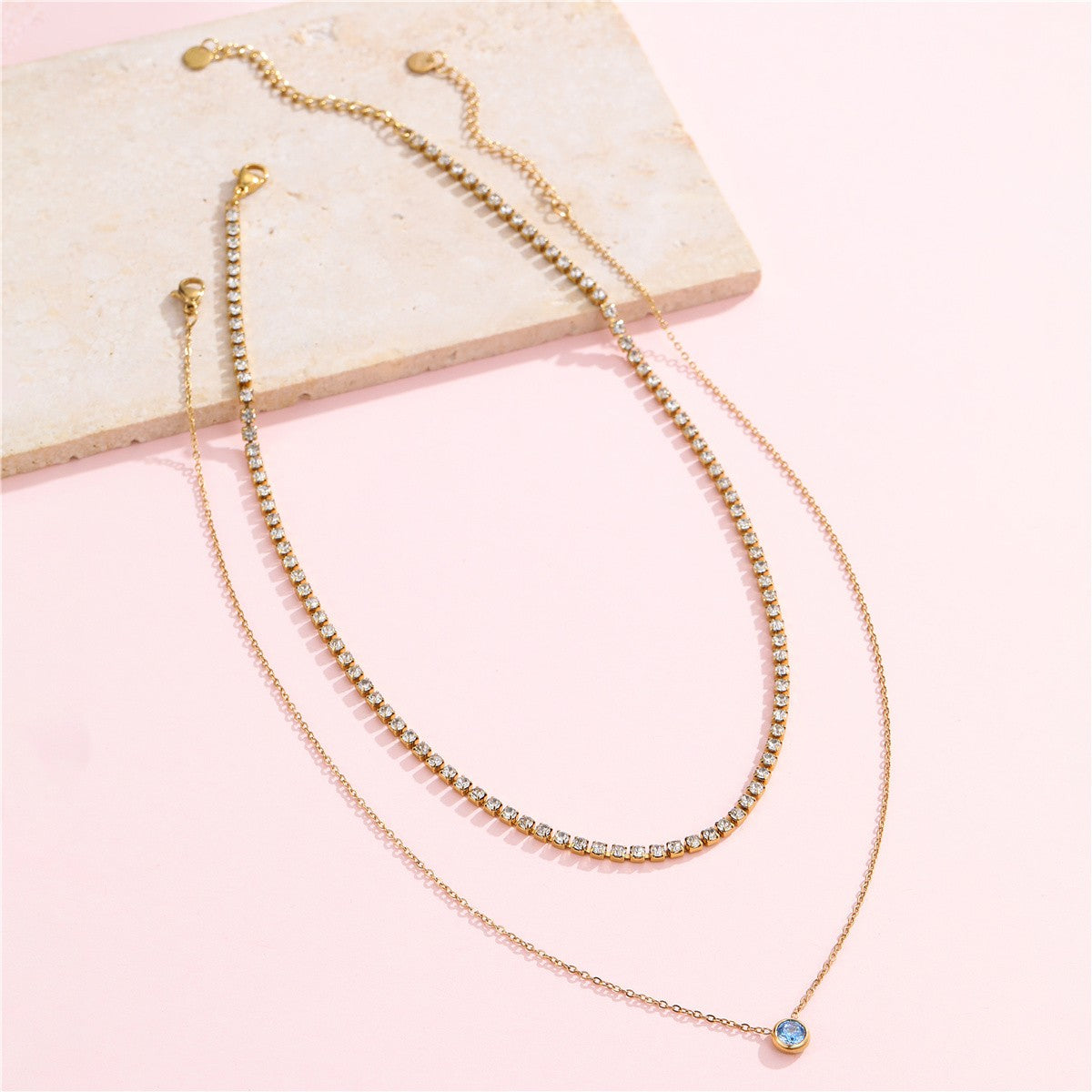 Layered Rhinestone Tennis & Round Stone Bead Necklace-Blue