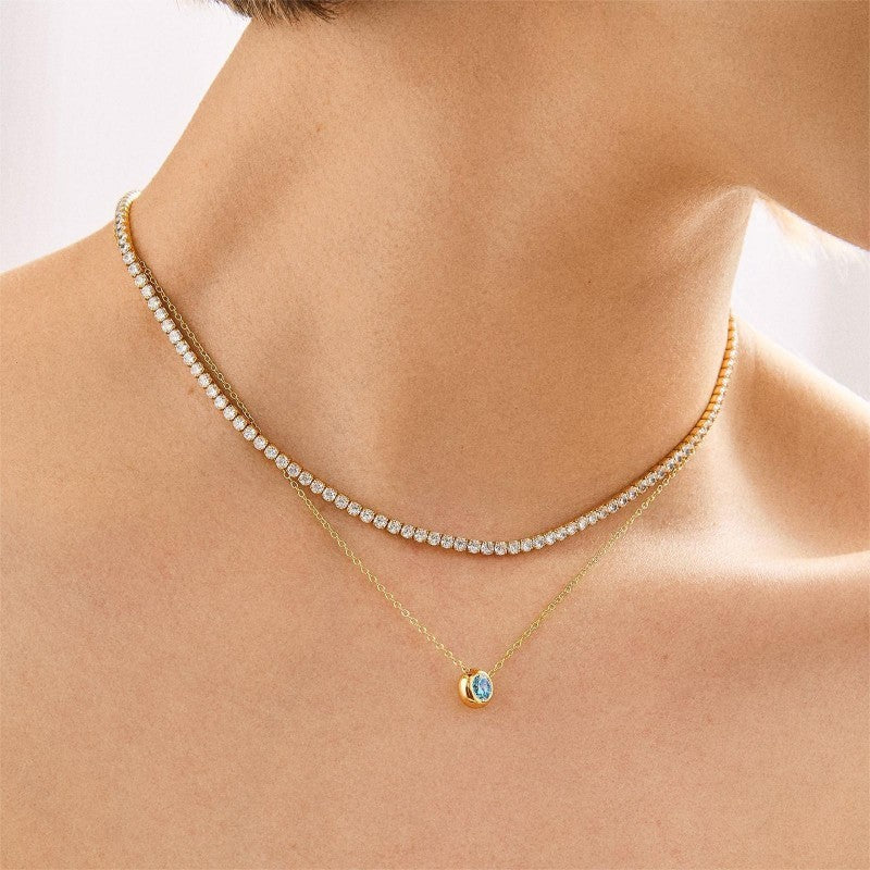 Layered Rhinestone Tennis & Round Stone Bead Necklace-Blue