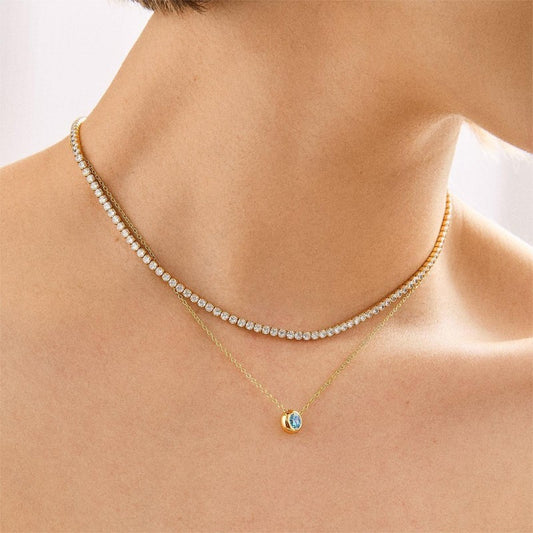 Layered Rhinestone Tennis & Round Stone Bead Necklace-Blue