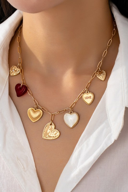 Multi Hearts Love Charm Paperclip Necklace