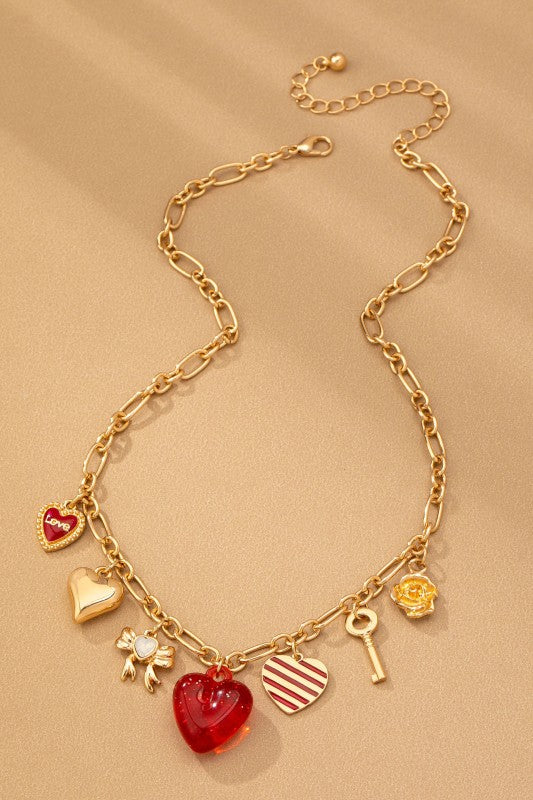 Red Heart & Charms Chain Necklace