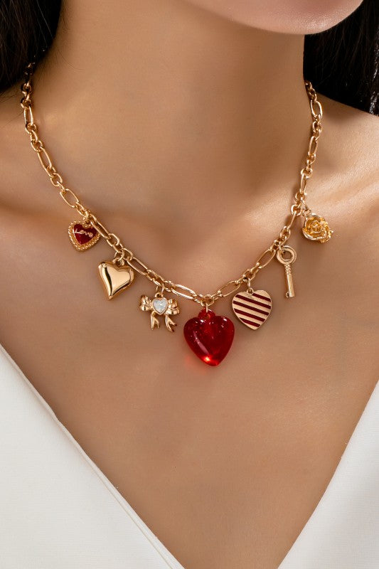 Red Heart & Charms Chain Necklace