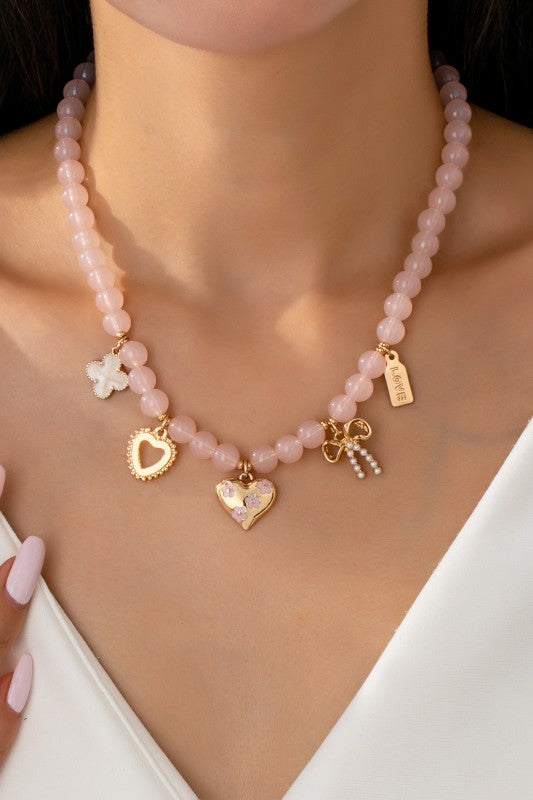 Light Pink Beaded Heart & Charms Necklace