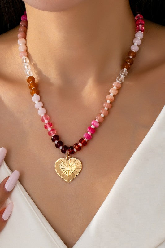Natural Stone Beaded Spiked Heart Necklace-Multi Pink