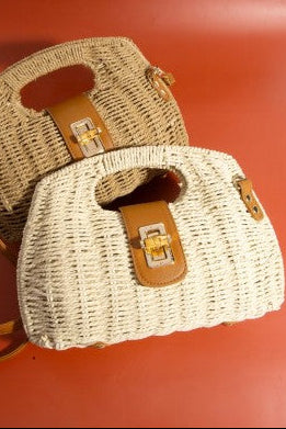 Straw Bamboo Turn Buckle Crossbody Handbag-Ivory