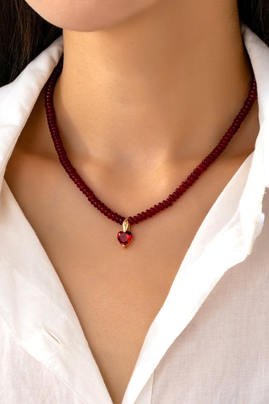 Stone Beaded Rhinestone Heart Charm Necklace