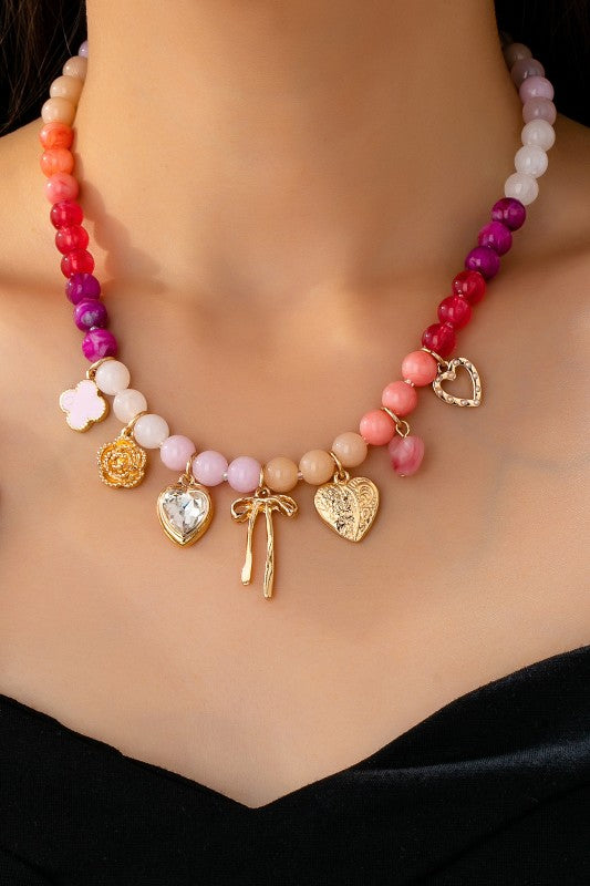 Pastel Beaded Multi Gold Charms Necklace