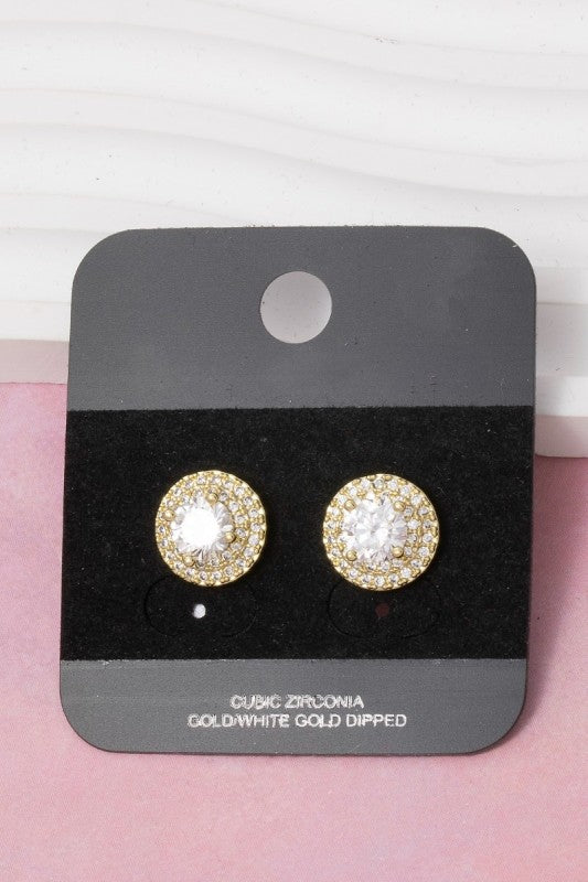 CZ Round Halo Stud Earring-Gold