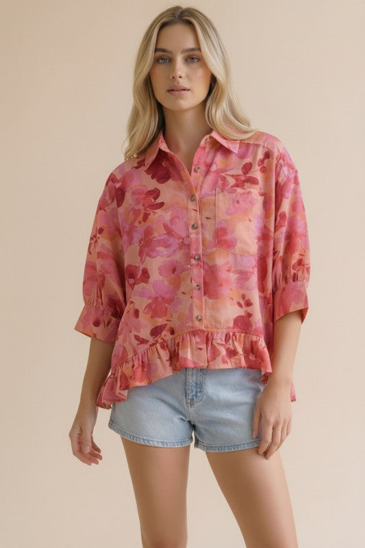 Floral Collared Button 3/4 Sleeve Peplum Top-Peach