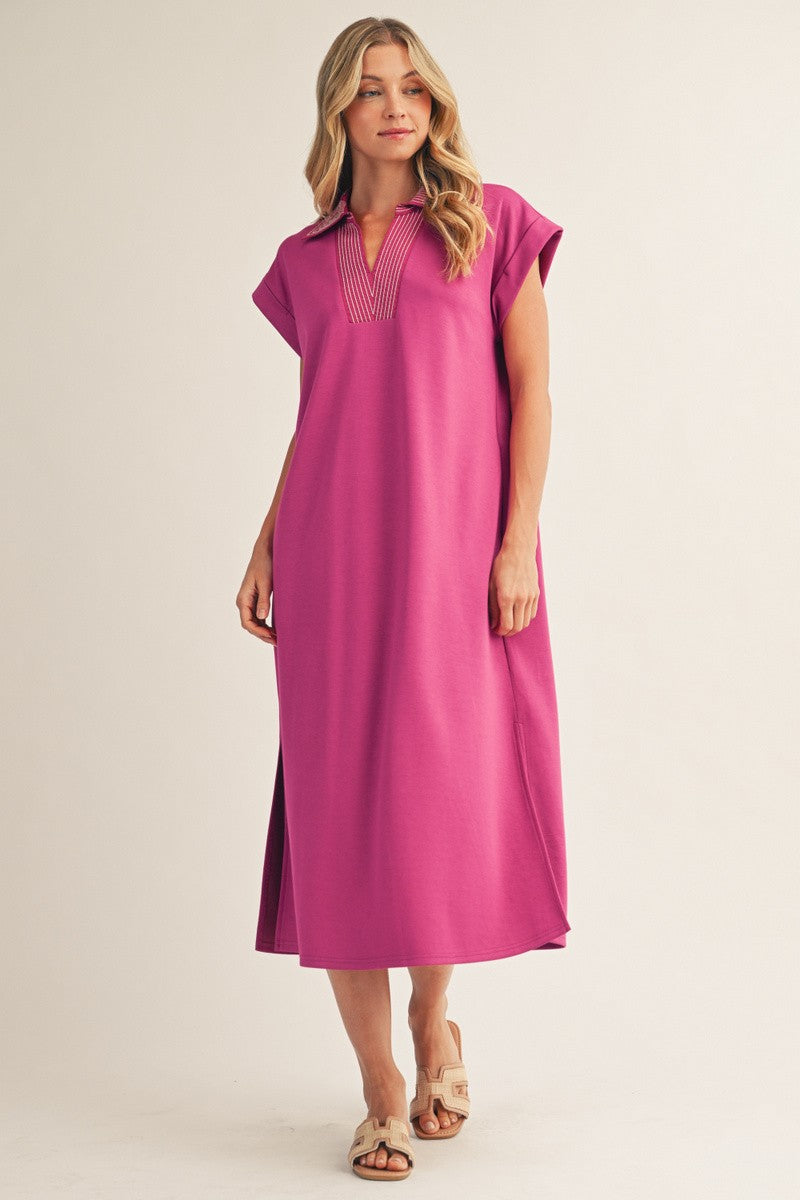 Solid Contrast Stitched Collared Side Slit Midi Dress