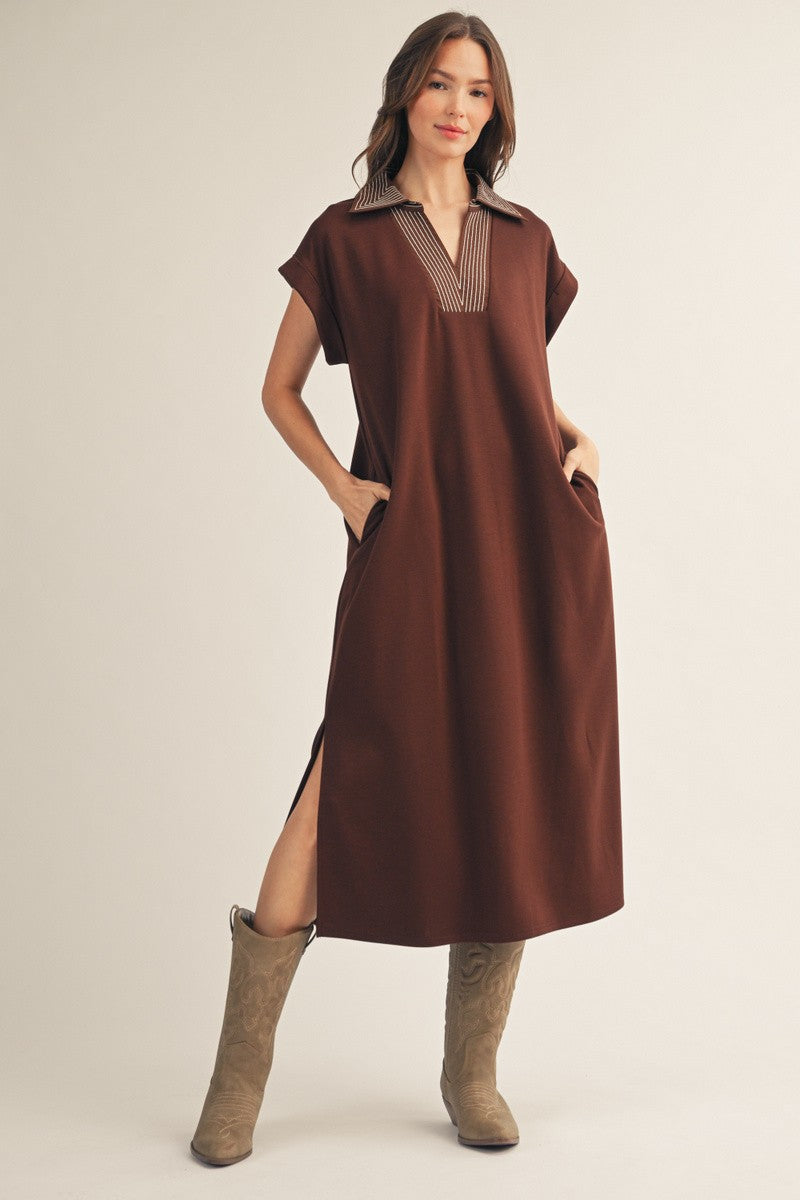 Solid Contrast Stitched Collared Side Slit Midi Dress
