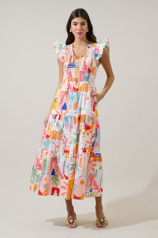 Sunfire V-Neck Smocked Cap Ruffle Sleeve Maxi Dress-Multi