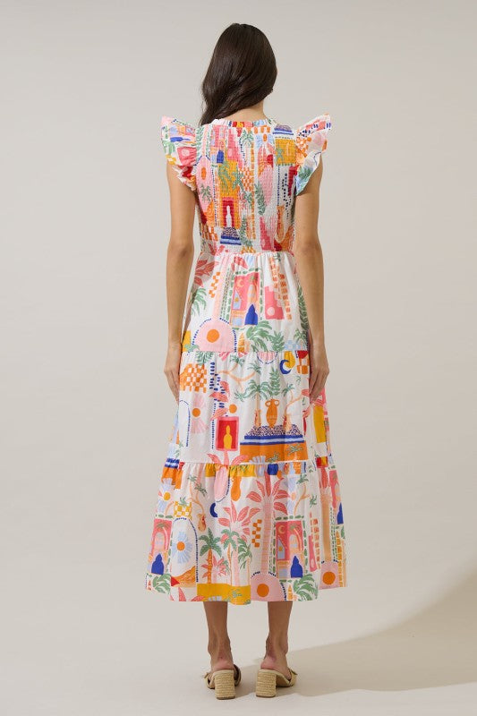 Sunfire V-Neck Smocked Cap Ruffle Sleeve Maxi Dress-Multi