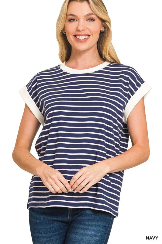 Striped Contrast Trim Cap Sleeve Top