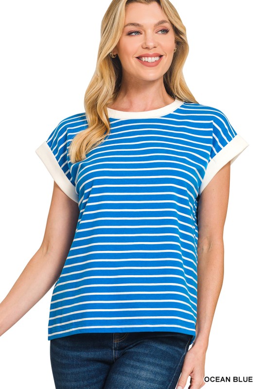 Striped Contrast Trim Cap Sleeve Top