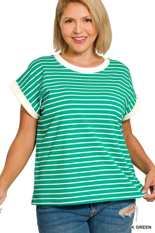 Striped Contrast Trim Cap Sleeve Top