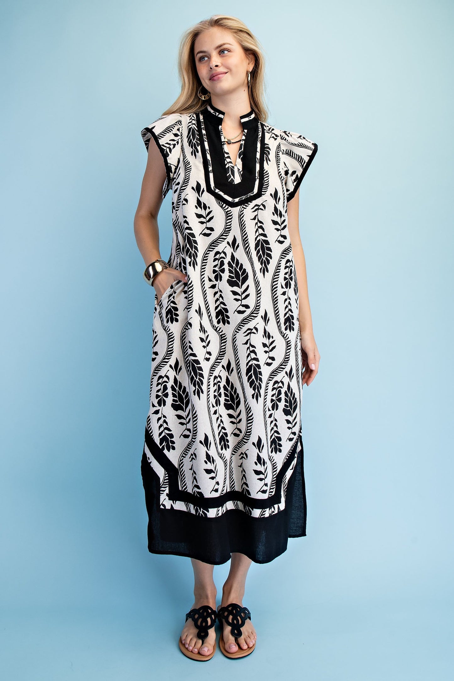 Wavy Vine Print Midi Dress w/Contrast Binding-Black