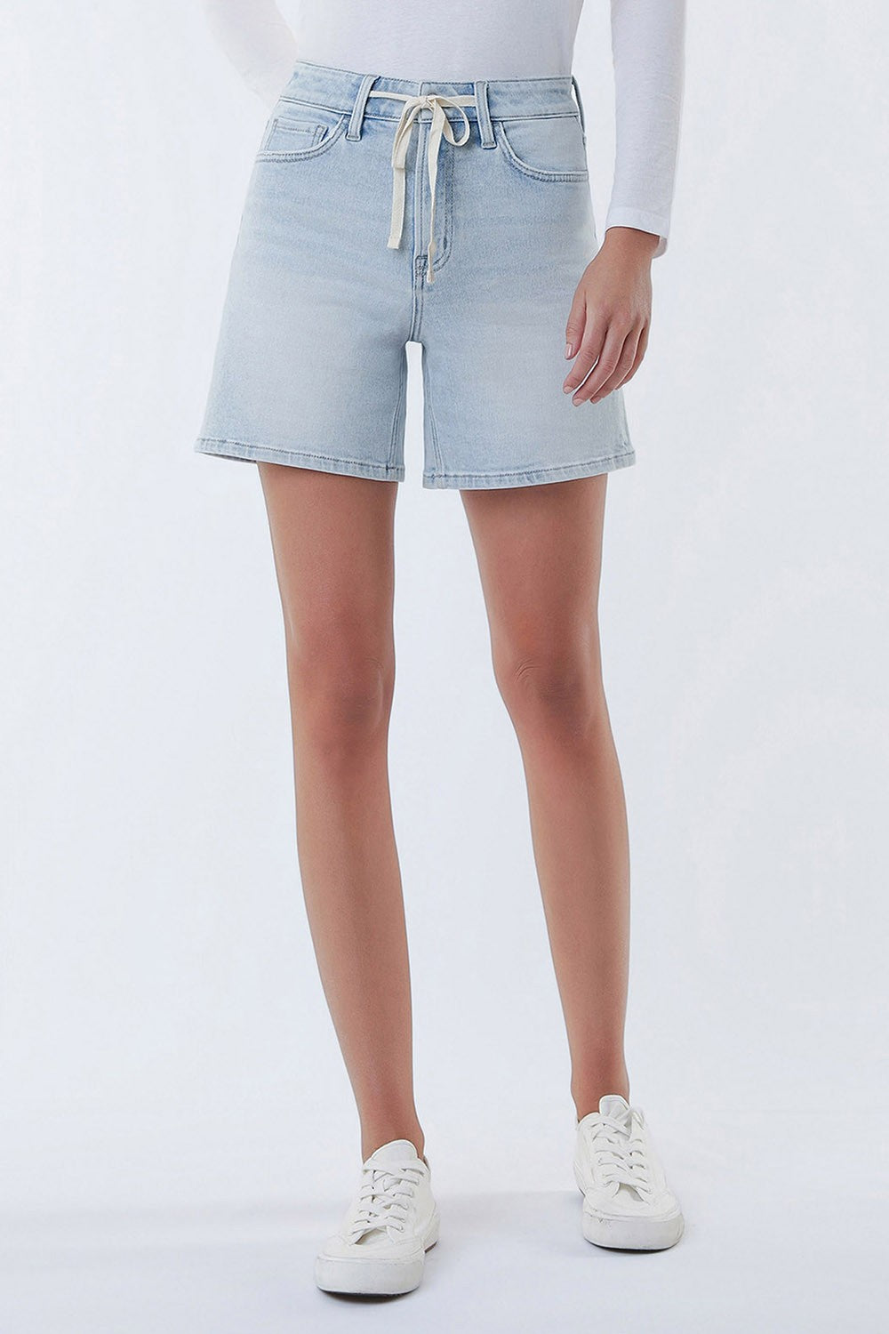 High Rise Drawstring Midi Denim Short-Light