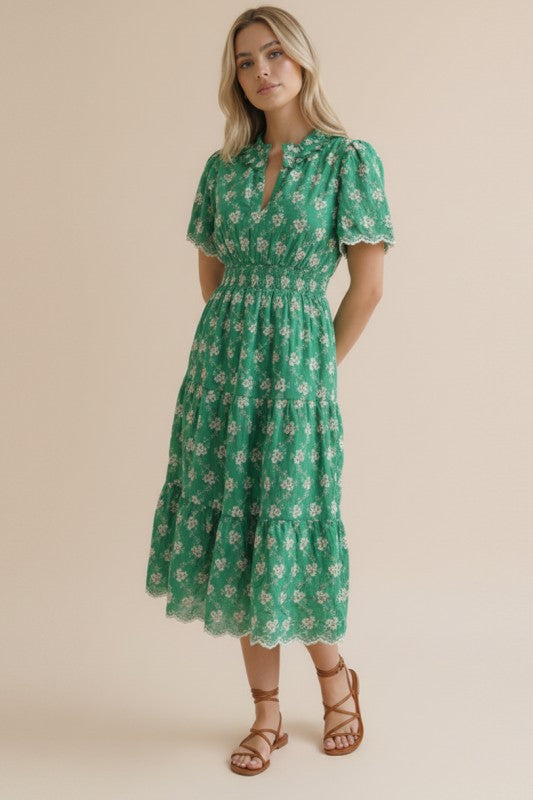 Floral Eyelet Smocked Waist Flutter Sleeve Scallop Midi Dress-Green