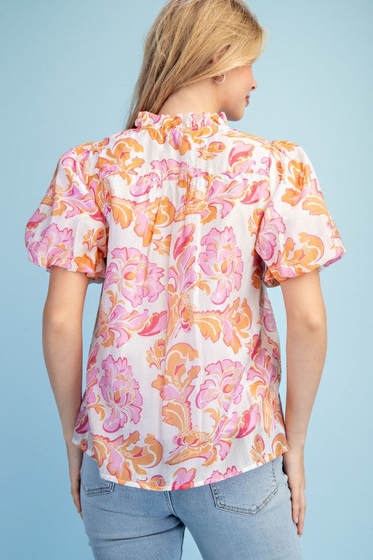 Floral Button Ruffle Placket Puff Sleeve Top-Pink Mix