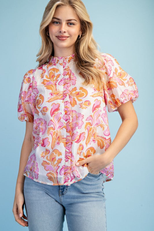 Floral Button Ruffle Placket Puff Sleeve Top-Pink Mix