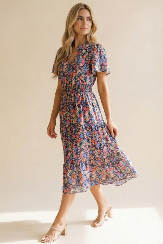Floral Notch Neck Flutter Sleeve Tiered Midi Dress-Navy