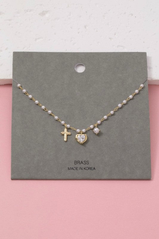 Pearl Chain Cross & Heart Charms Necklace