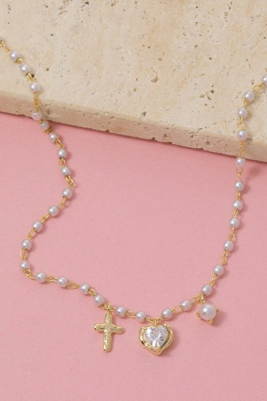 Pearl Chain Cross & Heart Charms Necklace