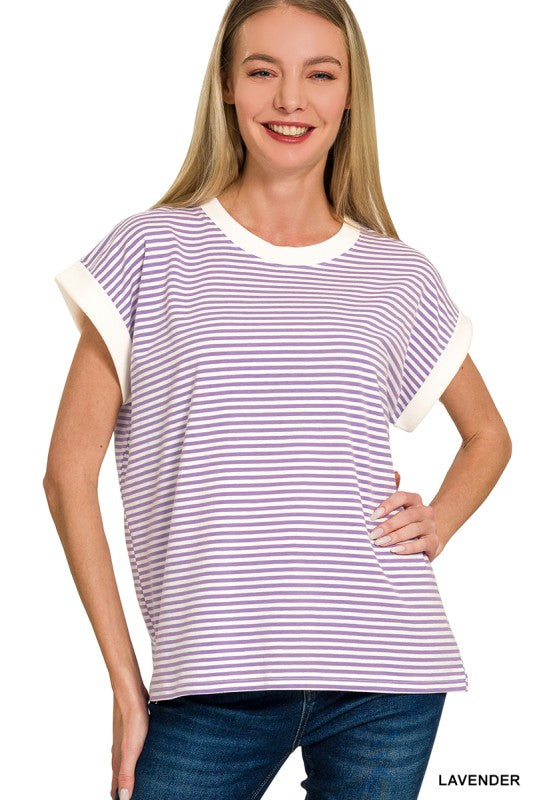 Skinny Stripe Contrast Trim Top-Spring
