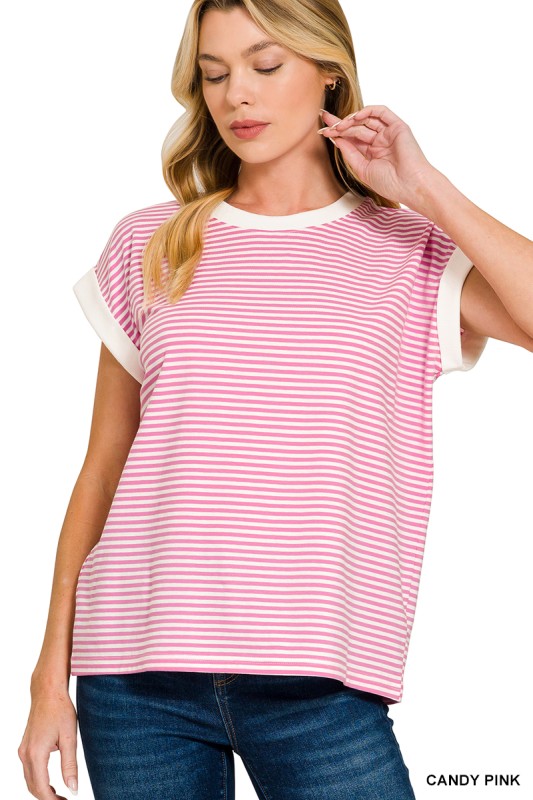 Skinny Stripe Contrast Trim Top-Spring