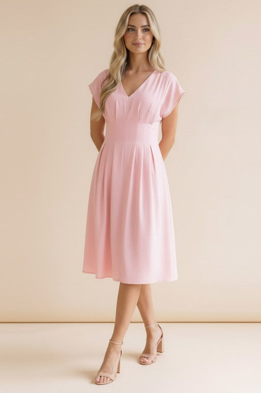 Solid V-Neck Front Pleat Cap Sleeve Dress-Blush