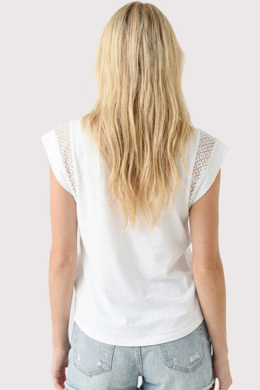 Inset Lace Shoulder Cap Sleeve Top-White