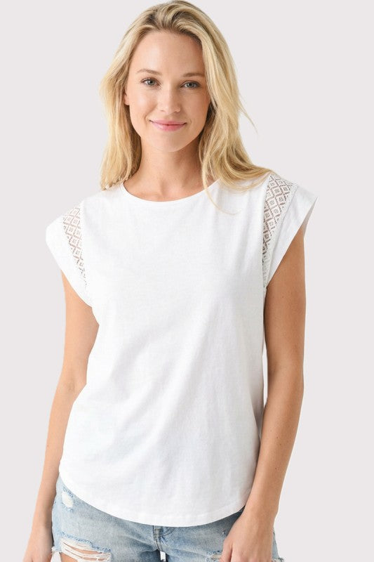 Inset Lace Shoulder Cap Sleeve Top-White