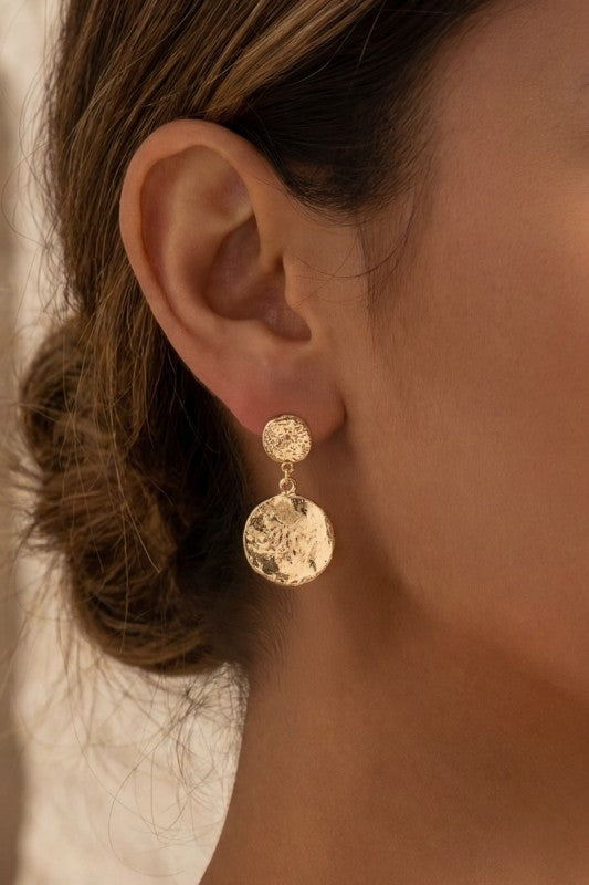 Hammered Disk Drop Earring -Gold