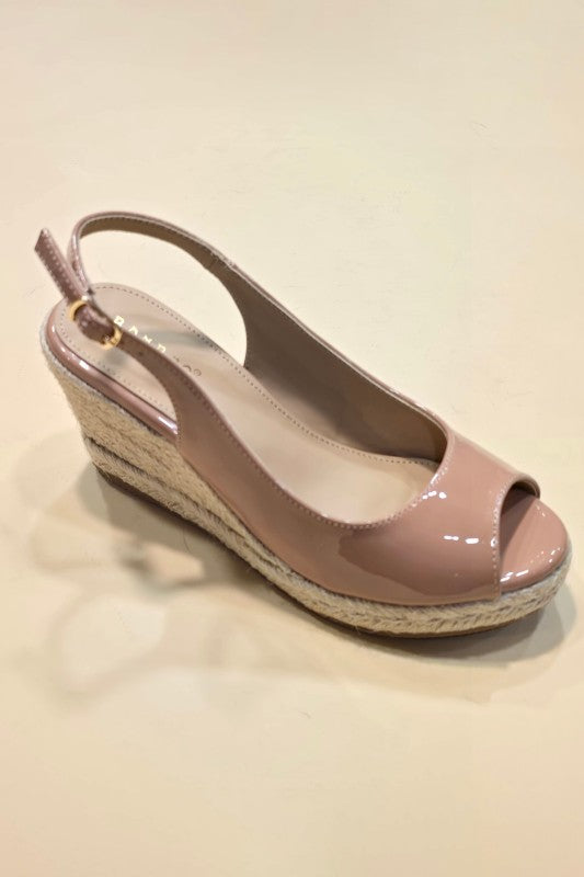 Patent Leather Peephole Wedge Sling Back Sandal-Nude