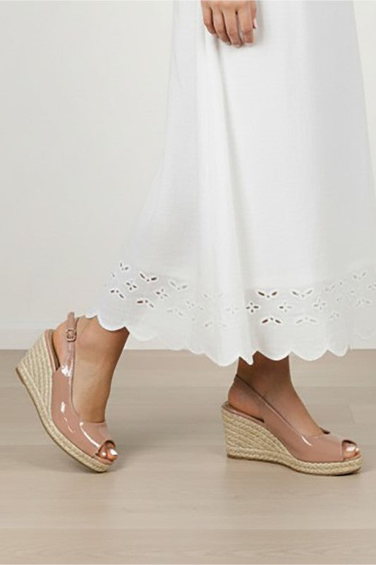 Patent Leather Peephole Wedge Sling Back Sandal-Nude