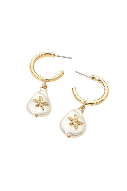 Starfish Pearl Drop Hoop Earring