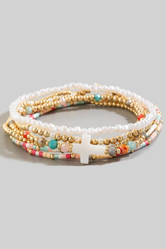 Pearlized Cross Beaded Bracelet Set