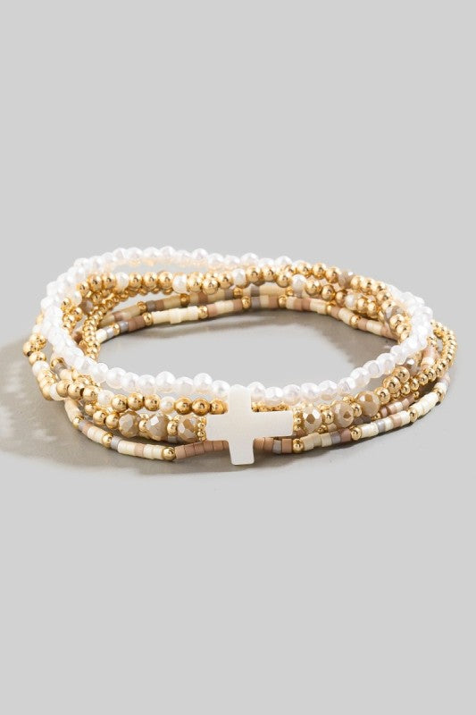 Pearlized Cross Beaded Bracelet Set
