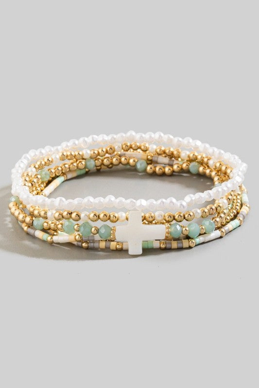 Pearlized Cross Beaded Bracelet Set