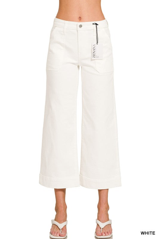 White Crop Wide Leg Patch Pocket Denim