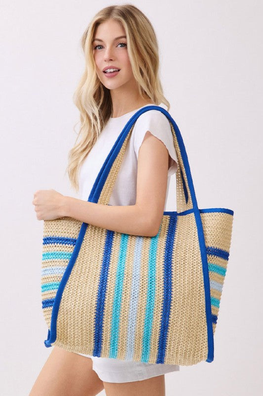 Vertical Striped Straw Tote Bag